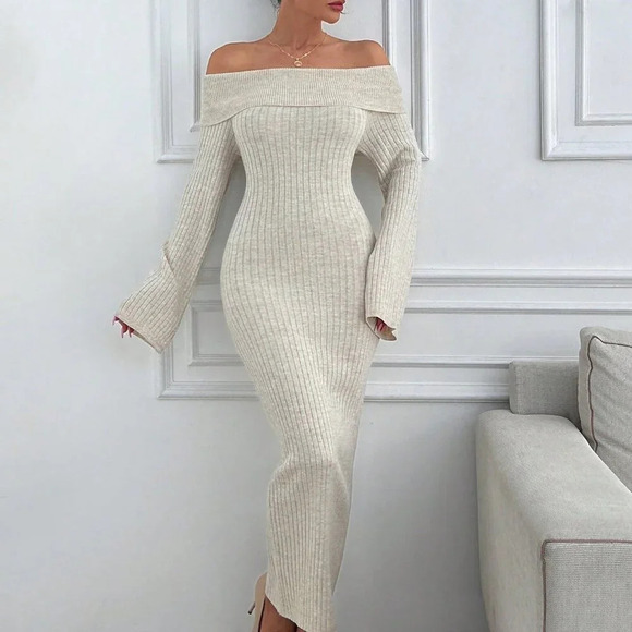 Apricot Elegant Women's Off Shoulder Sweater Maxi Dress - Picture 7 of 7
